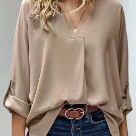 Tucked Rollable Sleeve Blouse, Casual V Neck Simple Blouse, Women's Clothing