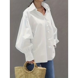 Solid Button Front Shirt, Stylish Lantern Sleeve Shirt For Spring & Fall, Women's Clothing