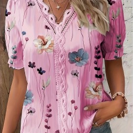 Floral Print V Neck Lace Trim Blouse, Boho Puff Sleeve Blouse For Summer, Women's Clothing