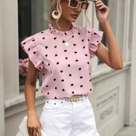 Heart Print Ruffle Trim Blouse, Casual Pleated Crew Neck Blouse For Spring & Summer, Women's Clothing