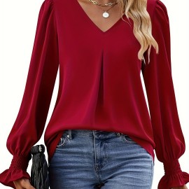 Solid V Neck Simple Blouse, Elegant Long Sleeve Ruched Blouse, Women's Clothing