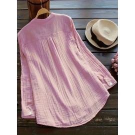 Solid Button Front Blouse, Casual V Neck Long Sleeve Blouse, Women's Clothing