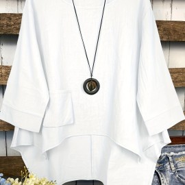 Dipped Hem Solid Blouse, Asymmetrical Crew Neck Loose Casual Blouse, Women's Clothing