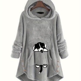 Cat Pattern Print Asymmetrical Loose Hoodie, Casual Printed Long Sleeve Hoodie, Women's Clothing