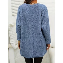 Solid Fuzzy Sweatshirts, Casual Crew Neck Long Sleeve Sweatshirt With Pockets, Women's Clothing