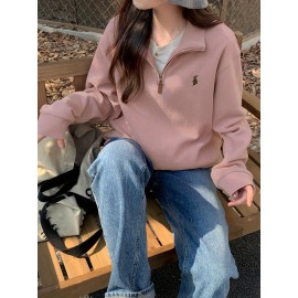 Solid Zip Front Pullover Sweatshirt, Casual Long Sleeve Sweatshirt For Fall & Winter, Women's Clothing