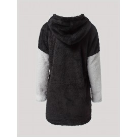 Letter Print Color Block Teddy Hoodie, Casual Long Sleeve Plush Hoodie Sweatshirt, Women's Clothing