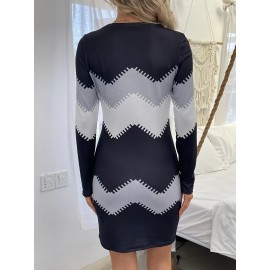 Color Block Simple Dress, Casual Long Sleeve Bodycon Mini Dress, Women's Clothing