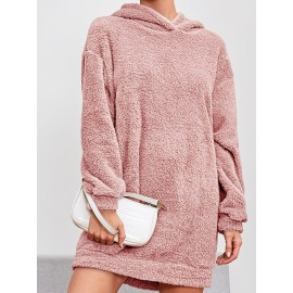 Solid Hooded Plush Dress, Casual Long Sleeve Warm Dress For Fall & Winter, Women's Clothing