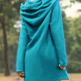 Solid Drawstring Pocket Hooded Dress, Casual Long Sleeve Dress For Spring & Fall, Women's Clothing