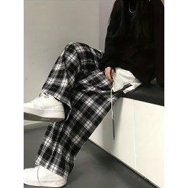 Plaid Drawstring Straight Leg Pants, Casual Loose Pants For Spring & Fall, Women's Clothing