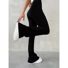 Solid Ribbed Flare Leg Pants, High Waist Slim Elastic Pants, Women's Clothing