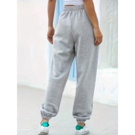 Women's Solid Elastic Sweatpants, Casual High Waist Sweatpants, Casual Every Day Pants, Women's Clothing