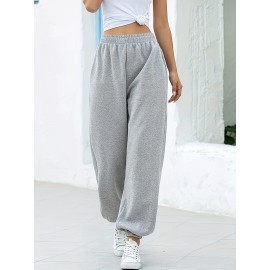 Women's Solid Elastic Sweatpants, Casual High Waist Sweatpants, Casual Every Day Pants, Women's Clothing