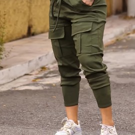 Solid Flap Pocket Jogger Cargo Pants, Casual Drawstring Pants For Spring & Fall, Women's Clothing