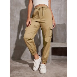 Y2K Solid Pockets Drawstring Cargo Pants, Casual Loose Baggy Pants For All Seasons, Women's Clothing